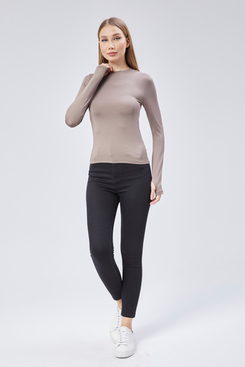 Maison La Femme Καφέ πλεκτό Basic Crew λαιμόκοψη μακρυμάνικο Slim Fit γυναικείο μπλουζάκι
