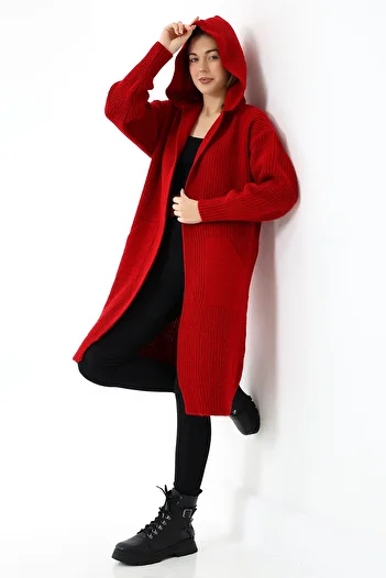 Devinka Women's Red Hooded Oversize Loose Long Pocket Knitwear Cardigan