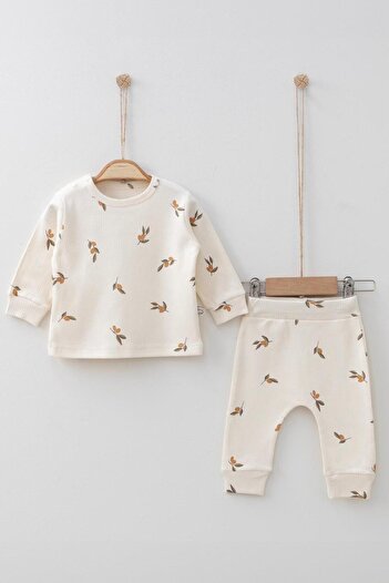 Mini Ropa Ribbed Olive Printed Cotton Baby Set - Cream Color