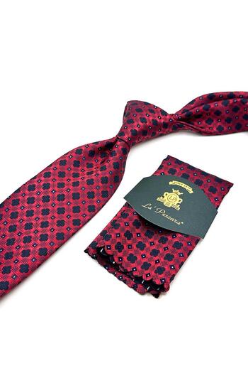 Kravatkolik Classic Tie with Red Motif Pattern Handkerchief Kk13040