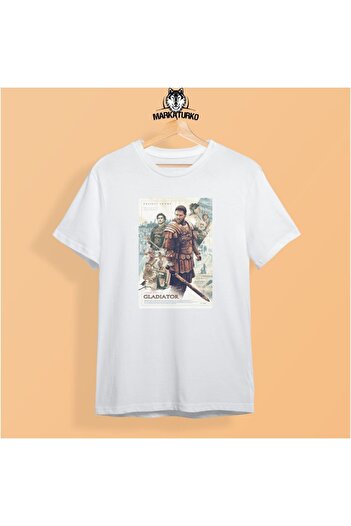 MarkaTurko Gladiator Printed White Special Design Βαμβακερό χτενισμένο μπλουζάκι Unisex 805-2005-b183