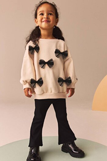Lolliboomkids Soft Cotton Fabric Tulle Bow Applique Sweatshirt and Ribbed Spanish Leg Leggings Bottom Top Set