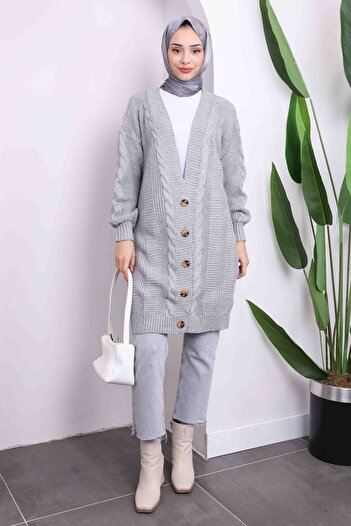 İmajButik Ζακέτα με γκρι κουμπιά μακριά πλεκτά