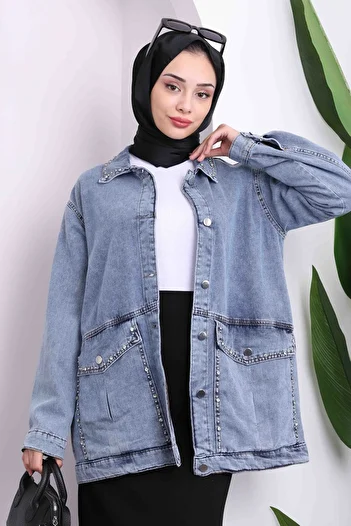 İmajButik Μπλε τζιν μπουφάν με πέτρες