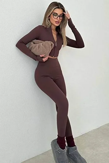 Madmext Hnědé dámské žebrované legíny Mg1625 s vysokým pasem