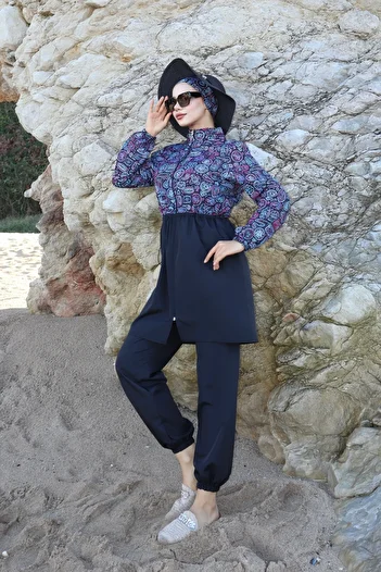 new ats Ethnic Patterned 3-Piece Hijab Swimsuit with Adjustable Elastic Waist