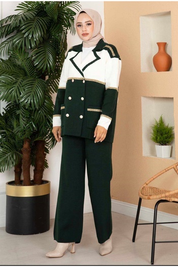 By Nilgün Akay Glitter Stripe Plain Knitwear Set Emerald Green, (New Season)