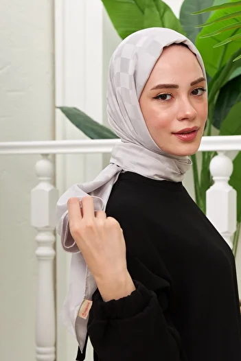 İpekhan Gray Silk Jacquard Series - Checker Pattern Shawl 9002-02