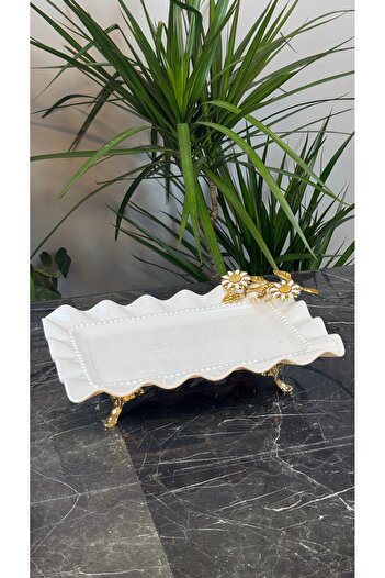 MAY HOME Rectangular Porcelain Metal Gold Pedestal Presentation Plate