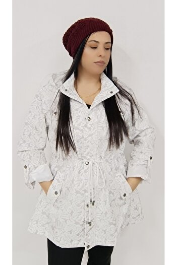 AKŞEN GİYİM Large Size Micro Fabric Side Pocket Foldable Sleeve Hooded Waist Lace-Up Design Pattern Trench Coat