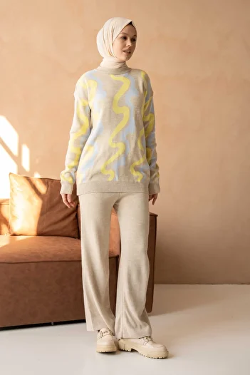 4S1B FASHION Ριγέ πουλόβερ με λαιμόκοψη και ψηλόμεσο παντελόνι πλεκτό σετ Hijab - 0259