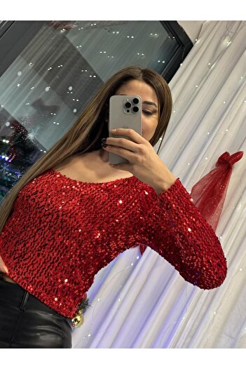 Daves Single Sleeve Sequin Sequin Blouse-Red