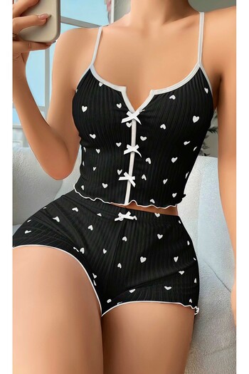 Veille Women's Black Heart Pajamas Set, Women's Shorts Crop Set, Mini Sleepwear