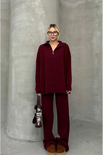 Havoş Set de tricotaje relaxate cu fermoar pentru guler roșu Claret