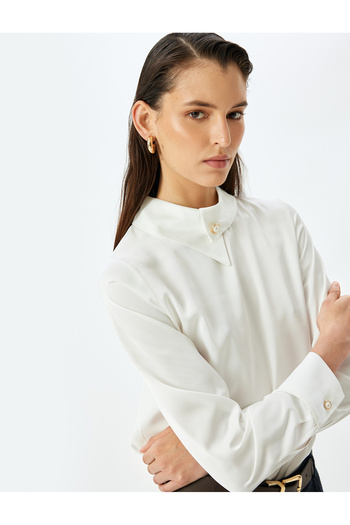 Koton Asymmetrical Neckline Button Detail Long Sleeve Classic Blouse