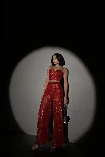 Neşeli Butik Red Sequined Palazzo Crop Suit - Nbdf01
