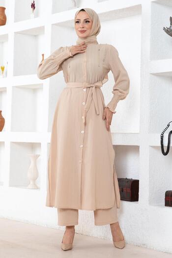 Modamihram Beige Suit 19360 - Pearl Detail