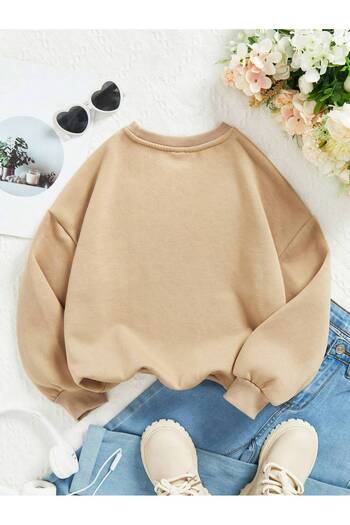 Benisengiydir Women's Beige Little Teddy Bear Printed Oversize Crew Neck Sweatshirt