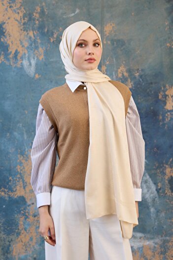 İpekhan Beige Silky Jacquard Shawl - Fall Winter 9018-26