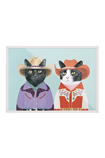 Postifull White Framed Painting, Artistic Design Wall Painting, Rodeo Cats Art Comfort Series No:108730