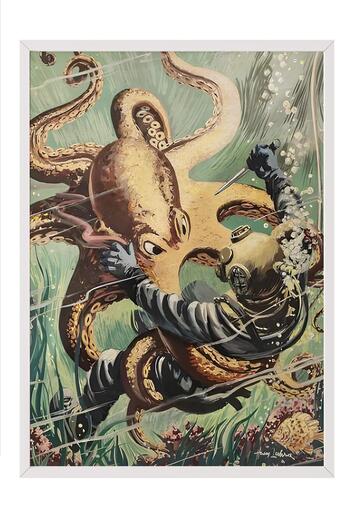 Postifull White Framed Painting, Artistic Design Wall Painting, Octopus Attacks Comfort Series No:108733