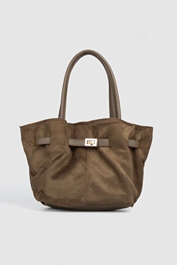 La La'Graccio Paris La'Graccio Paris Women's Suede Leather Magnet Closure Lock Detailed Hand and Shoulder Bag Khaki Green