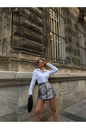 LB Laluna Butik Femei cu model leopard cu talie înaltă, pantaloni scurți, fustă, țesătură denim