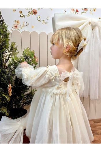 Baby Berry Baby store Kız Bebek Çocuk Fiyonklu Ve Sırt Detaylı Balon Kol Tütü Tüllü Özel Gün Elbise Krem