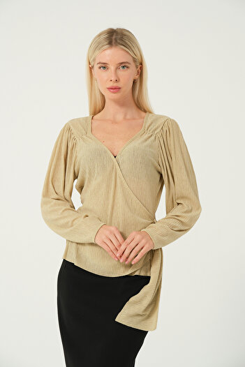 eva clothing Women's Double Breasted Collar Shoulder Gather Detailed Glitter Blouse 1234705 Eva-1