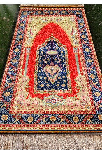Carpetella Red Velvet Prayer Holder - Faux Leather, Foldable Dowry, Classic Pattern (70X120Cm)