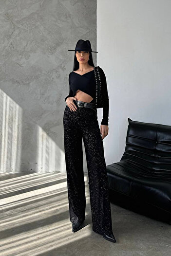 Ortaya Çık Black Elastic Waist Wide Leg Sequined Trousers