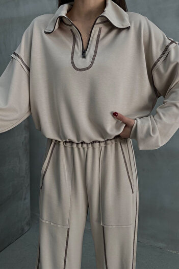Ortaya Çık Beige Reverse Stitching Detailed Tracksuit