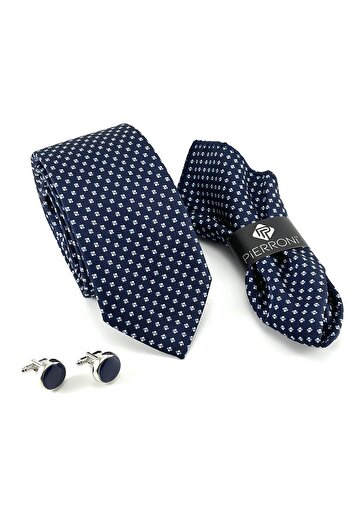 PİERRONİ Navy Blue Tie Handkerchief Cufflinks Custom Set