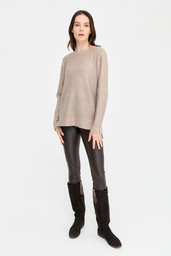 Desen Triko Women's Crew Neck Slit Sweater