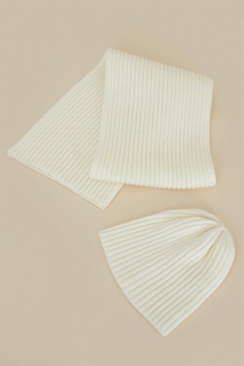 CHUBA Children's Soft Button Ribbed Scarf Beanie Set 3-6 Years Old Ecru Chkıds101