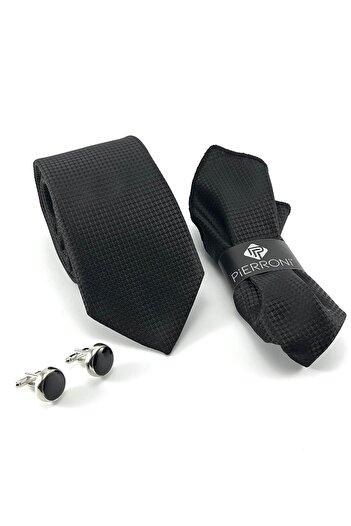 PİERRONİ Black Patterned Tie Handkerchief Cufflinks Special Set