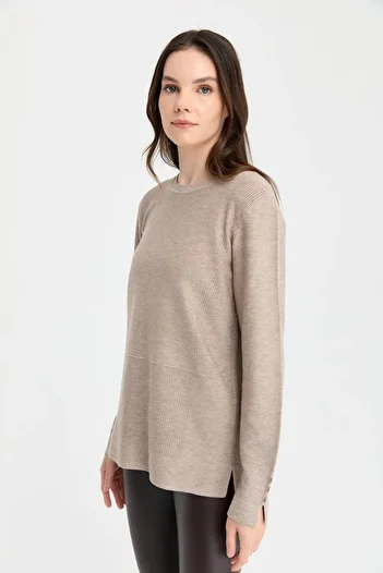Desen Triko Women's Crew Neck Slit Sweater