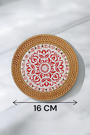 oceanpoint Rattan Framed Red Geometric Pattern Decorative Underlay Stylish and Convenient Design (16cm)