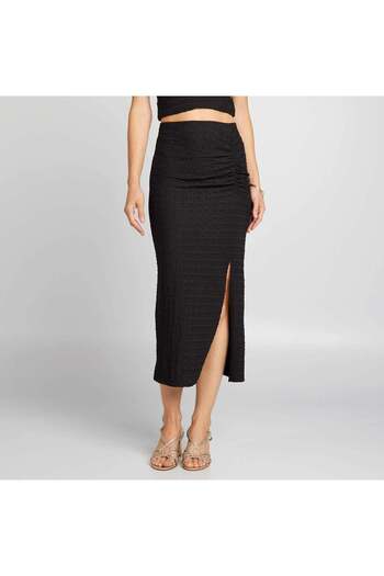 KIABI Stretch waffle-knit fabric midi skirt black