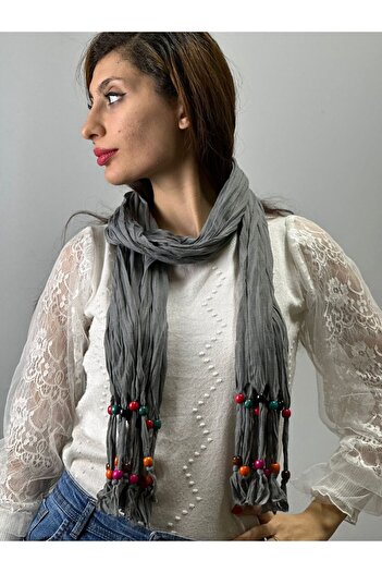 Gönülden Tasarım Gray Combed Women's Scarf - 160X40 Cm, Wooden Beaded Shawl