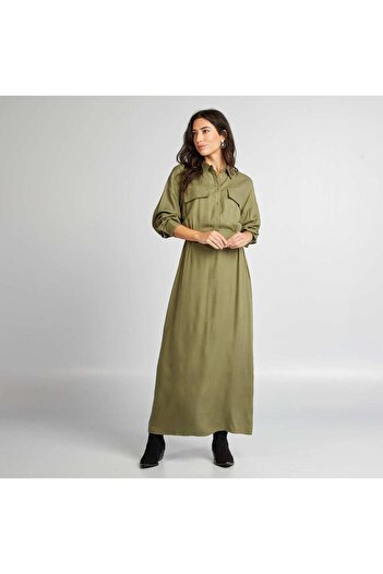 KIABI Long patterned dress with shirt collar KHAKI