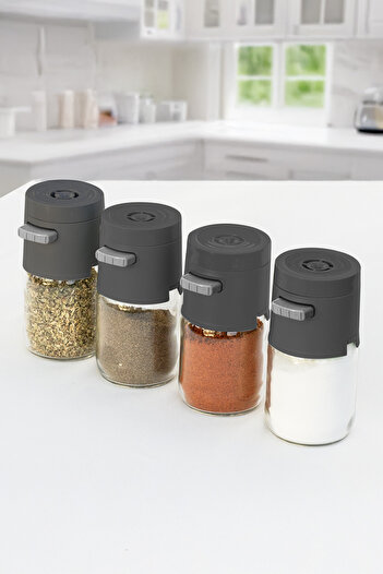 ATA HOME New Generation Dosing 4-Piece Black Sugar Bowl Pepper Bowl Button Press Salt Bowl Spice Bowl Set