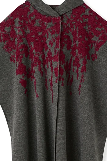 Uludağ Triko Women's Anthracite Burgundy Floral Patterned Poncho
