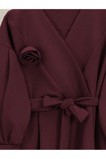 Modamorfo Belted Cross Collar Balloon Sleeve Suit - Burgundy
