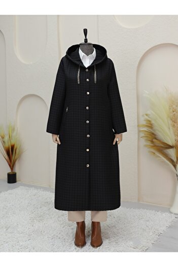 Modamorfo Long Quilted Coat with Chain Detail on Collar - Black