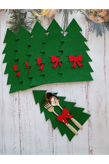 Aksesuar Green Pine Tree Napkin Holder - Nguzelkecetasarım 6 Pieces Decorative Cutlery Felt Christmas Ornament