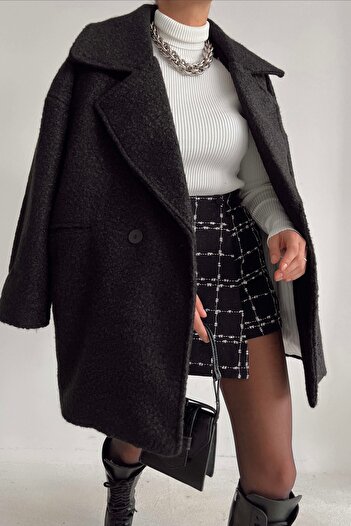 Suziş Μαύρο χρώμα Boucle Texture Oversize Standard Size Lined Κοντό παλτό με διπλό στήθος 9243