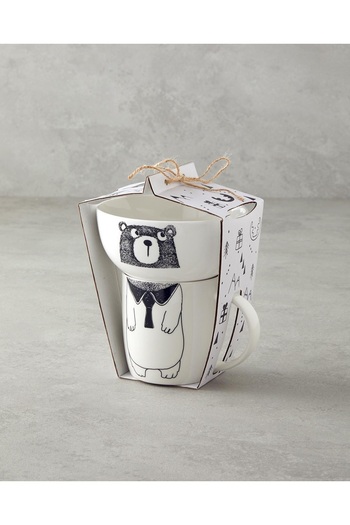 English Home Mingles Teddy New Bone China Mug with Bowl 360 Ml-13 cm Black - White