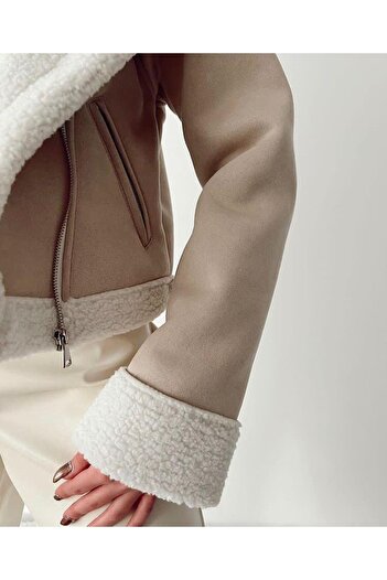 Çuvalmoda Vintage Fur Short Crop Leather Coat Suede Coat Jacket Trench Coat