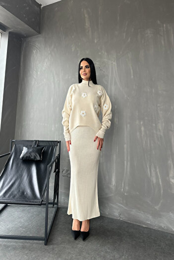 Genel Markalar Balıkçı Yaka İkili Triko Çiçek Desenli Elbise